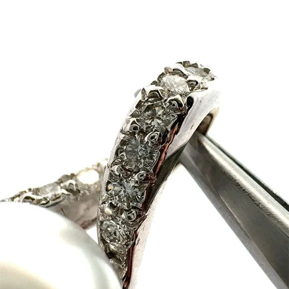 Estate 14k White Gold 10mm Pearl Pave Diamond Accented Statement Pendant
